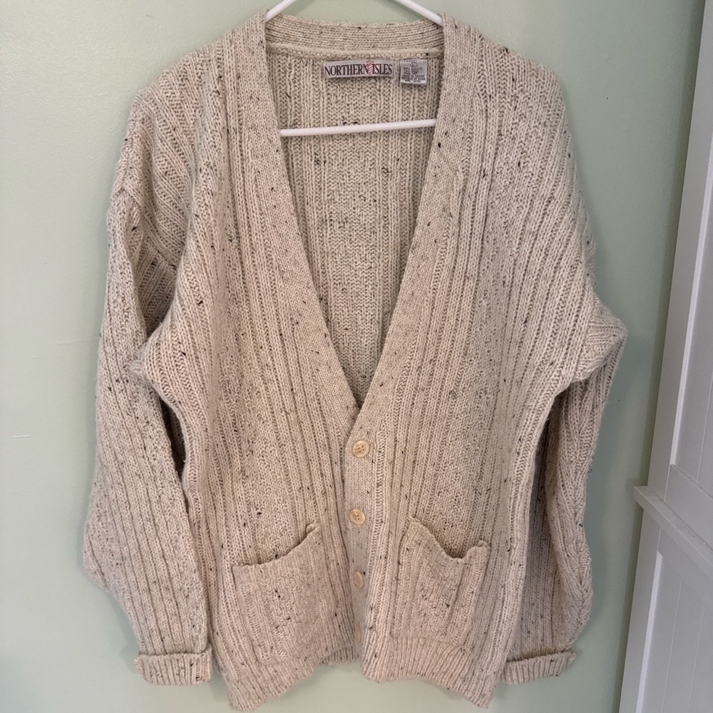 Men’s Large Vintage Northern Isles Oatmeal Nep Knit Grandpa Cardigan Wool Blend
